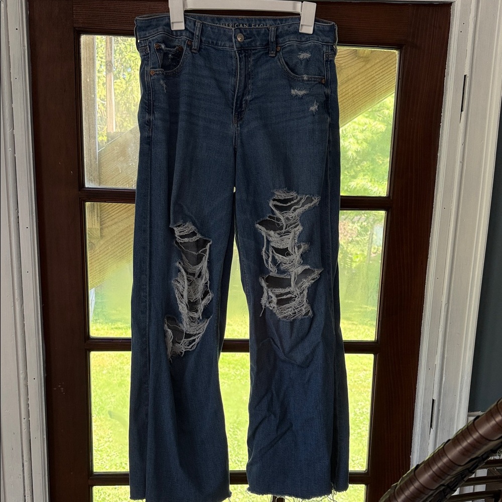 American Eagle Outfitters Blue Distressed Wide Leg Jeans